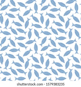 Seamless pattern with hand drawn geometric fishes. Blue fishes upon white background. Creative ornament for covers, backgrounds, textile and interior decoration