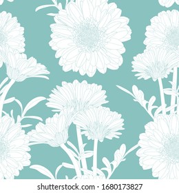 Seamless pattern with hand drawn gerbera flowers in sketch style. Mint line nature background. Chamomile, chrysanthemum, gerbera.