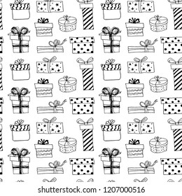 Seamless pattern with hand drawn gift boxes. Vector illustration.