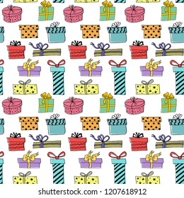 Seamless pattern with hand drawn gift boxes. Vector illustration.