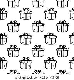 Seamless pattern hand drawn gift. Doodle black sketch. Sign symbol. Decoration element. Isolated on white background. Flat design. Vector illustration.