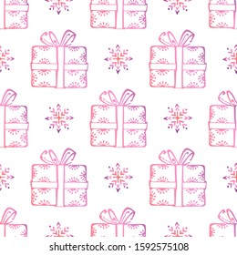 Seamless pattern with hand drawn gift boxes and snowflakes on white background. Suitable for packaging, wrappers, fabric design