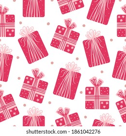 Seamless pattern with hand drawn gift boxes with a bow on a white background. Doodle, simple illustration in the flat style. It can be used for decoration of textile, paper and other surfaces.