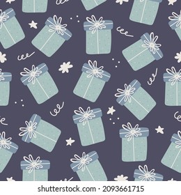 Seamless pattern with hand drawn gift box with ribbon and bow on a dark background. Doodle, simple flat illustration. It can be used for decoration of textile, paper.