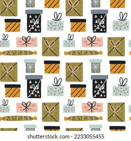 Seamless pattern hand drawn gift wrapping. Doodle Surprise box package with ribbon wallpaper background. Textile fabric design for kids