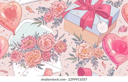 Seamless pattern with hand drawn gift box, envelope, flowers and helium balloons on pink background. Festive elegant backdrop