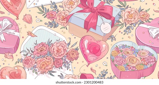 Seamless pattern with hand drawn gift box, envelope, flowers and helium balloons on beige background. Festive elegant backdrop