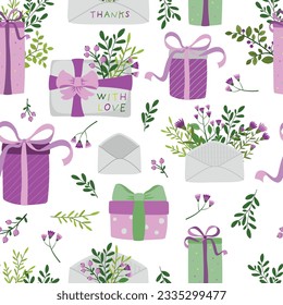 Seamless pattern with hand drawn gift box, envelope and flower bouquet.