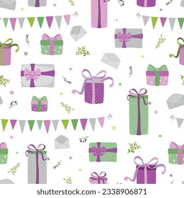 Seamless pattern with hand drawn gift box, envelope and flower bouquet.