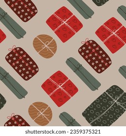 Patrón sin fisuras de cajas de regalo y empaque dibujados a mano 