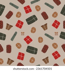 
Seamless pattern of hand drawn gift boxes and pack flat illustration