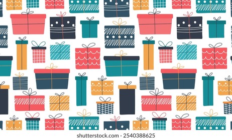 Seamless pattern with hand drawn gift boxes of various designs.