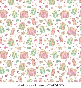 Seamless  pattern with hand drawn gift boxes and hearts. festive vector illustration for textile, print, wallpapers, wrapping.