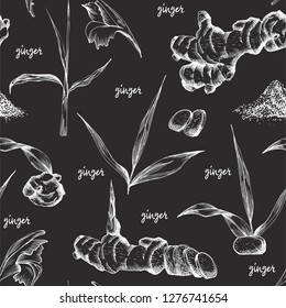 Seamless pattern hand drawn of Ginger roots, lives and flowers in white chalk color isolated on black board Retro vintage graphic design Botanical sketch drawing, engraving style. Vector illustration.
