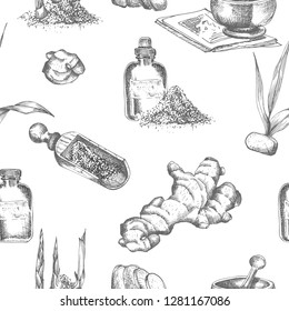 Seamless pattern hand drawn of Ginger roots, lives and flowers in black color isolated on white background. Retro vintage graphic design Botanical sketch drawing, engraving style. Vector illustration.