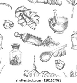 Seamless pattern hand drawn of Ginger roots, lives and flowers in black color isolated on white background. Retro vintage graphic design Botanical sketch drawing, engraving style. Vector illustration.