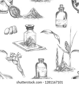 Seamless pattern hand drawn of Ginger roots, lives and flowers in black color isolated on white background. Retro vintage graphic design Botanical sketch drawing, engraving style. Vector illustration.