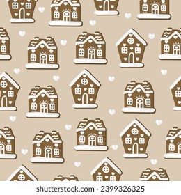 Seamless pattern with hand drawn gingerbread houses. Background with traditional Christmas pastries. Winter doodles for New Year and Valentine's Day