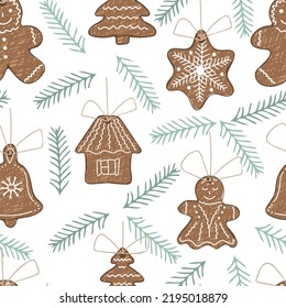 Seamless pattern with hand drawn gingerbreads and branches of christmas tree. Ideal for fabric, printing, decoration. Christmas pattern. Vector illustration