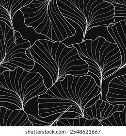 Seamless pattern hand - drawn gingko line art isolated on black  background. Leaf wallpaper of tropical leaves, leaf branch, ginkgo leaves.Vector illustration