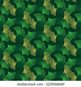 seamless pattern with hand drawn Ginkgo biloba leaves. Japanese drawing graphic style, logo template, vector illustration fabric print floral botanical background isolated on dark green color 