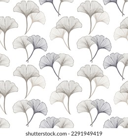 Seamless pattern, hand drawn ginkgo biloba leaves on a white background. Background, print, elegant textile, vector	
