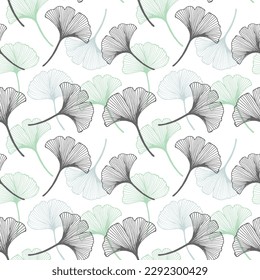 Seamless pattern, hand drawn ginkgo biloba leaves on a white background. Background, print, elegant textile, vector	
