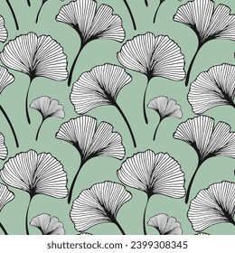 Seamless pattern, hand drawn ginkgo biloba leaves on a green background. Background, print, elegant textile, vector