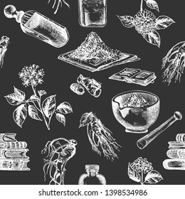 Seamless pattern hand drawn of ginseng roots, lives and flowers in chalk white color isolated on black board Retro vintage graphic design Botanical sketch drawing, engraving style. Vector illustration