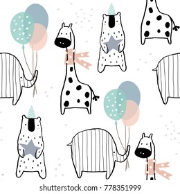 Seamless pattern with hand drawn giraffe, elephant, bear and party elements. Creative childish texture in scandinavian style. Great for fabric, textile Vector Illustration