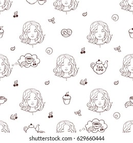 Seamless pattern with hand drawn girl and food elements. Vintage ornament for textile, wallpapers, gift wrap and scrapbook. Vector.