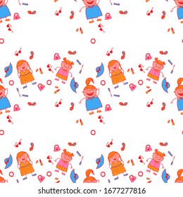 Seamless Pattern with Hand Drawn Girls. Bright Seamless Background with Trendy Elements. Naive Texture in Fashion Style. Modern Childish Rapport for Dress, Linen, Child Cloth. Vector Girlie Pattern.