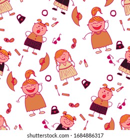  Patrón sin inconvenientes con las niñas dibujadas a mano.Textura ingenua al estilo de la moda. Moderna relación infantil para vestir, ropa de cama, tela infantil. Fondo brillante y transparente con elementos de moda. Patrón giríneo vectorial.