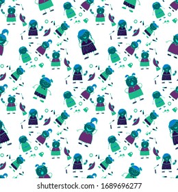 Seamless Pattern with Hand Drawn Girls. Bright Seamless Background with Trendy Elements. Modern Childish Rapport for Dress, Linen, Child Cloth. Naive Texture in Fashion Style. Vector Girlie Pattern.