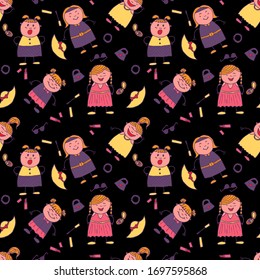 Seamless Pattern with Hand Drawn Girls. Bright Seamless Background with Trendy Elements. Naive Texture in Fashion Style. Modern Childish Rapport for Dress, Linen, Child Cloth. Vector Girlie Pattern.