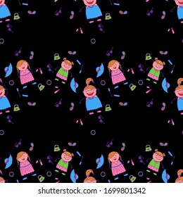  Patrón sin inconvenientes con las chicas dibujadas a mano. Moderna relación infantil para vestir, ropa de cama, tela infantil.Textura ingenua al estilo de la moda. Fondo brillante y transparente con elementos de moda. Patrón giríneo vectorial.