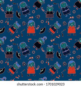  Patrón sin inconvenientes con las niñas dibujadas a mano. Moderna relación infantil para vestir, ropa de cama, tela infantil. Textura ingenua al estilo de la moda. Fondo brillante y transparente con elementos de moda. Patrón giríneo vectorial.