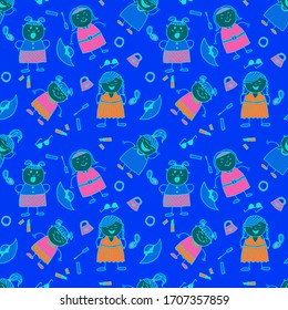 Seamless Pattern with Hand Drawn Girls. Bright Seamless Background with Trendy Elements. Naive Texture in Fashion Style. Modern Childish Rapport for Dress, Linen, Child Cloth. Vector Girlie Pattern.