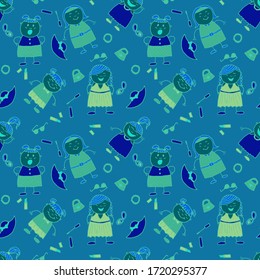 Seamless Pattern with Hand Drawn Girls. Naive Texture in Fashion Style. Modern Childish Rapport for Dress, Linen, Child Cloth. Bright Seamless Background with Trendy Elements. Vector Girlie Pattern.