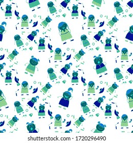Patrón sin inconvenientes con las niñas dibujadas a mano. Fondo brillante y transparente con elementos de moda. Moderna relación infantil para vestir, ropa de cama, tela infantil.Textura ingenua al estilo de la moda. Patrón giríneo vectorial.