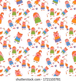 Seamless Pattern with Hand Drawn Girls. Bright Seamless Background with Trendy Elements. Modern Childish Rapport for Dress, Linen, Child Cloth. Naive Texture in Fashion Style. Vector Girlie Pattern.