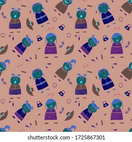Seamless Pattern with Hand Drawn Girls. Naive Texture in Fashion Style. Modern Childish Rapport for Dress, Linen, Child Cloth. Bright Seamless Background with Trendy Elements. Vector Girlie Pattern.