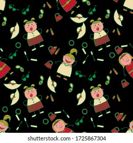Seamless Pattern with Hand Drawn Girls. Bright Seamless Background with Trendy Elements. Naive Texture in Fashion Style. Modern Childish Rapport for Dress, Linen, Child Cloth. Vector Girlie Pattern.