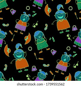 Seamless Pattern with Hand Drawn Girls. Modern Childish Rapport for Dress, Linen, Child Cloth. Naive Texture in Fashion Style. Bright Seamless Background with Trendy Elements. Vector Girlie Pattern.