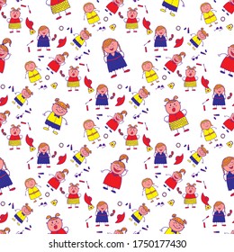 Seamless Pattern with Hand Drawn Girls. Naive Texture in Fashion Style. Modern Childish Rapport for Dress, Linen, Child Cloth. Bright Seamless Background with Trendy Elements. Vector Girlie Pattern.