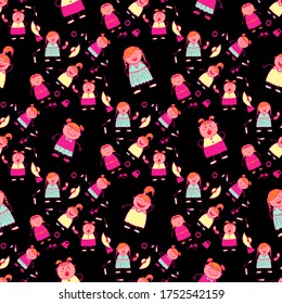 Nahtloses Muster mit handgezeichneten Mädchen. Heller, nahtloser Hintergrund mit trendigen Elementen. Moderner Kinderportier für Kleidung, Wäsche, Kinderkleidung. Naive Textur im Mode-Stil. Vektor Girlie Muster.