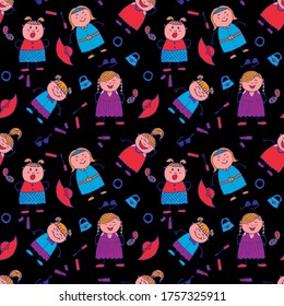 Seamless Pattern with Hand Drawn Girls. Modern Childish Rapport for Dress, Linen, Child Cloth. Bright Seamless Background with Trendy Elements. Naive Texture in Fashion Style. Vector Girlie Pattern.