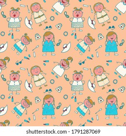 Patrón sin manchas con niñas de mano. El fondo brillante y transparente con elementos de moda. Textura ingenua al estilo de moda. Moderna relación infantil para vestir, ropa de cama, ropa de niño. Patrón Girlie vectorial.