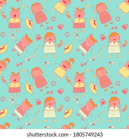 Seamless Pattern with Hand Drawn Girls. Naive Texture in Fashion Style. Modern Childish Rapport for Dress, Linen, Child Cloth. Bright Seamless Background with Trendy Elements. Vector Girlie Pattern.