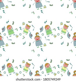 Seamless Pattern with Hand Drawn Girls. Bright Seamless Background with Trendy Elements. Naive Texture in Fashion Style. Modern Childish Rapport for Dress, Linen, Child Cloth. Vector Girlie Pattern.